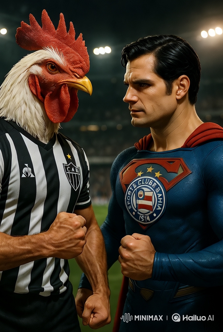 Stadium Scene with Rooster-Headed Man and Superhero: Cinematic Aesthetic and Fluid Movement