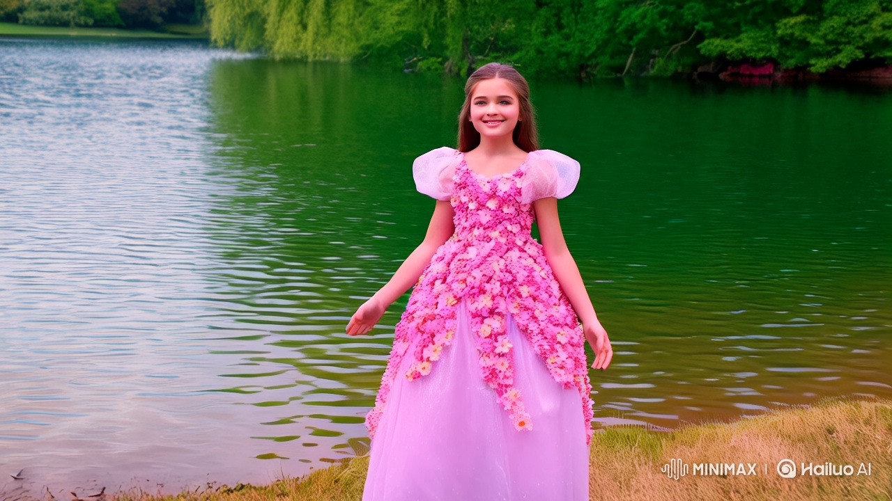 Enchanted Girl Twirls in Flower Dress by Lakeside
