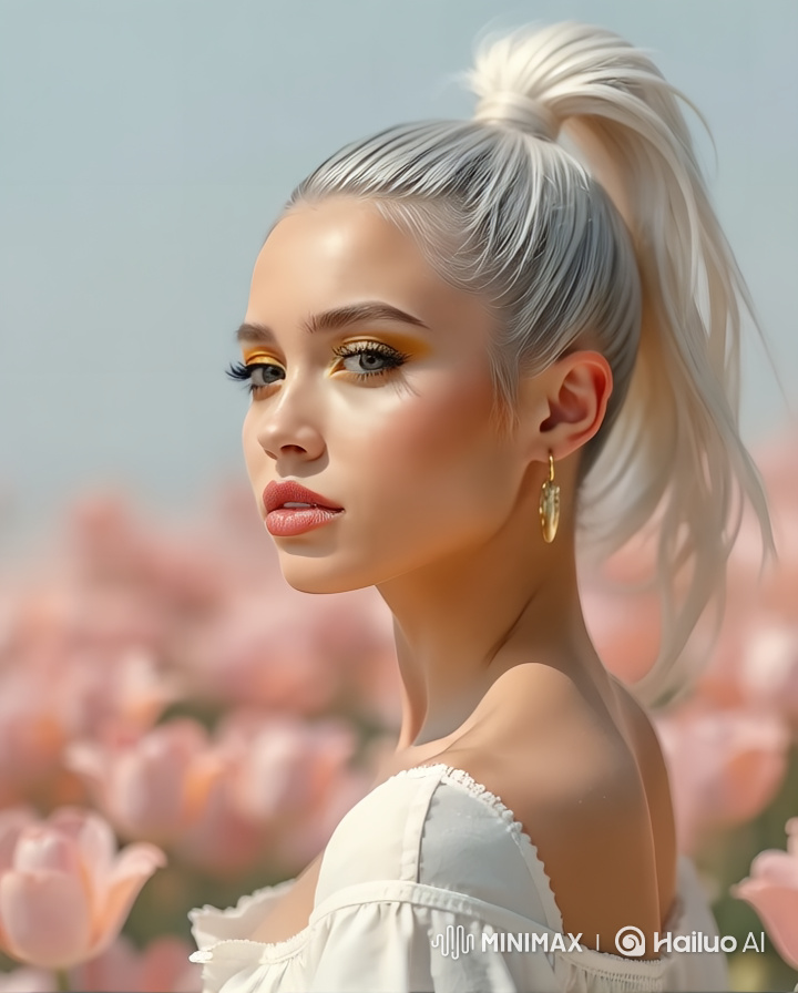 Serene Beauty: Woman Amidst Swaying Tulips