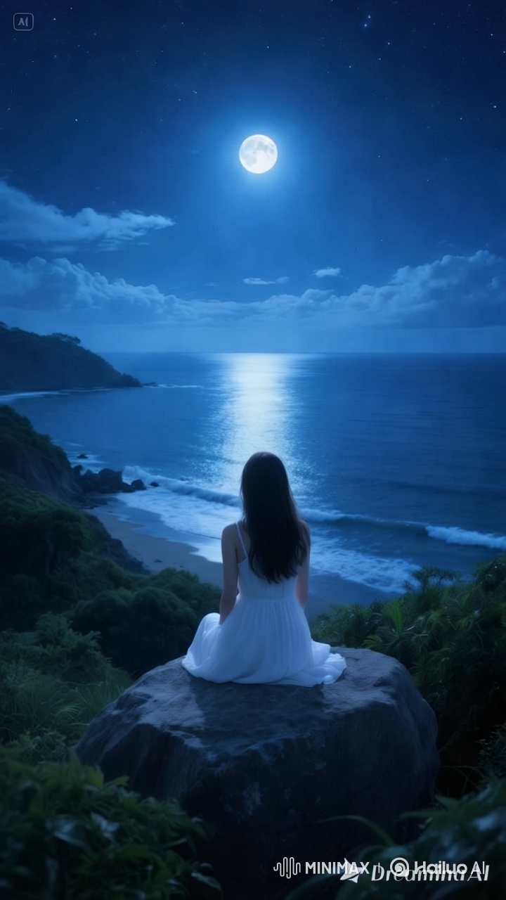 Girl in White Dress Enjoys Moonlit Ocean View