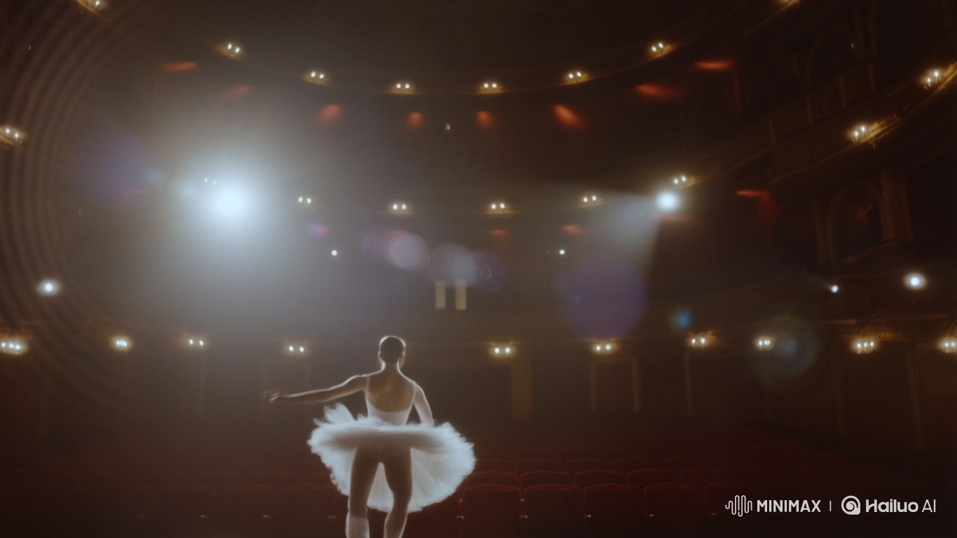 Elegant Ballerina's Slow Motion Solo in Grand Theater