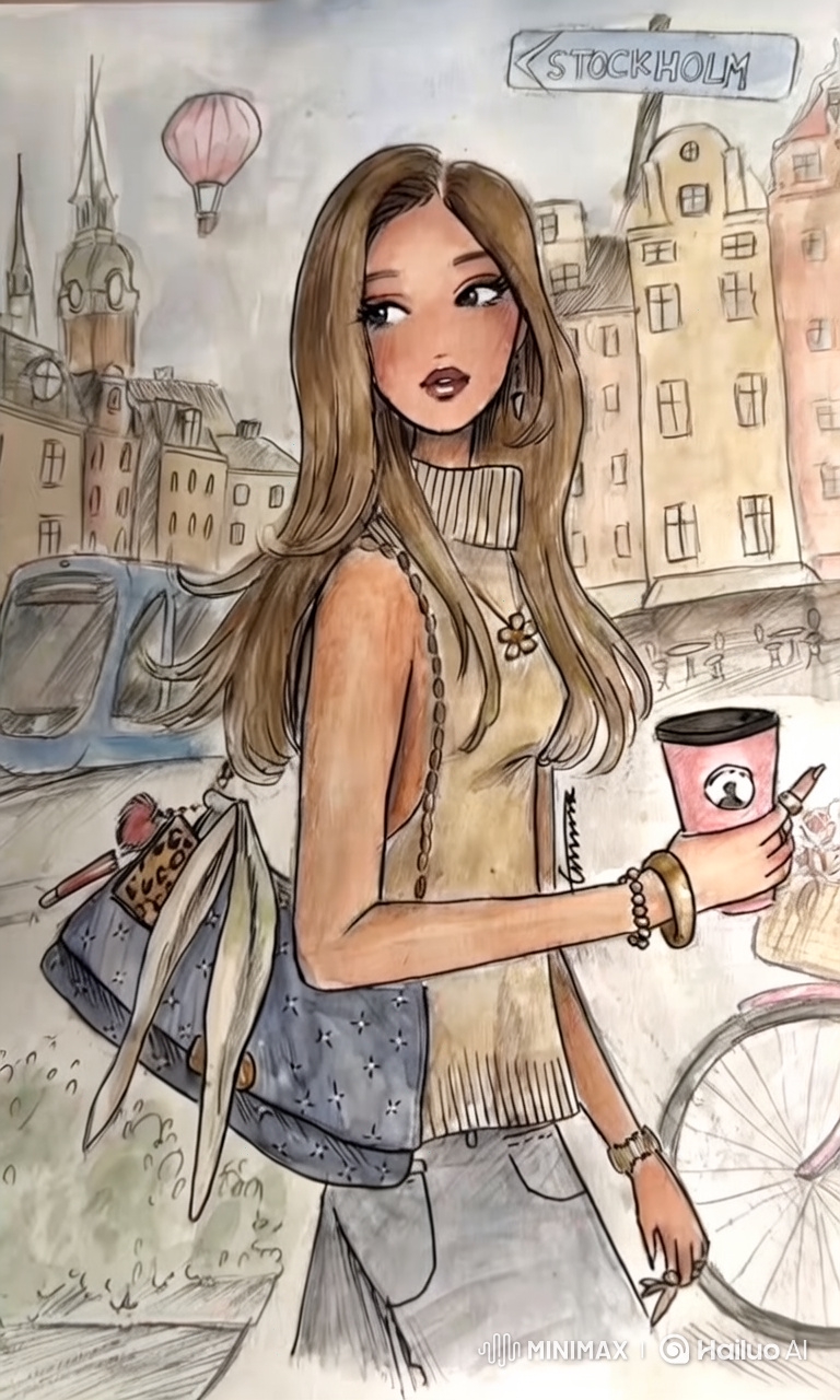 Animated Watercolor Portrait of a Stylish Woman in Stockholm