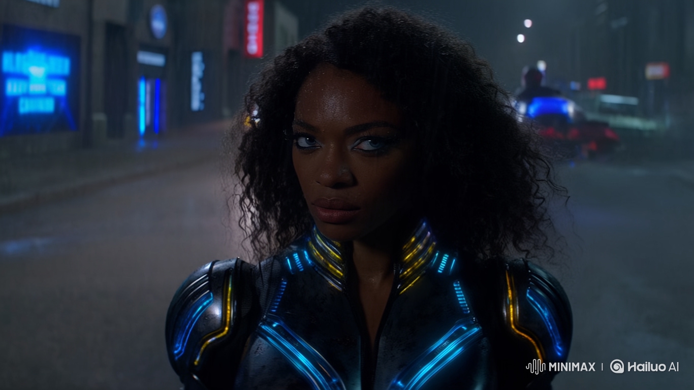 Afro Tribal Heroine in Cyberpunk Alley - Cinematic Arc Shot
