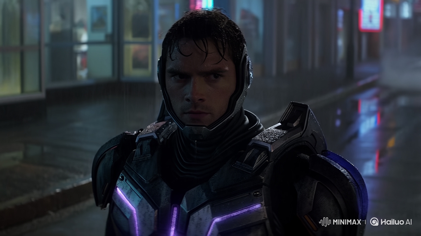 Cyberpunk Hero in Exo-Suit: Rainy Alley Arc Shot