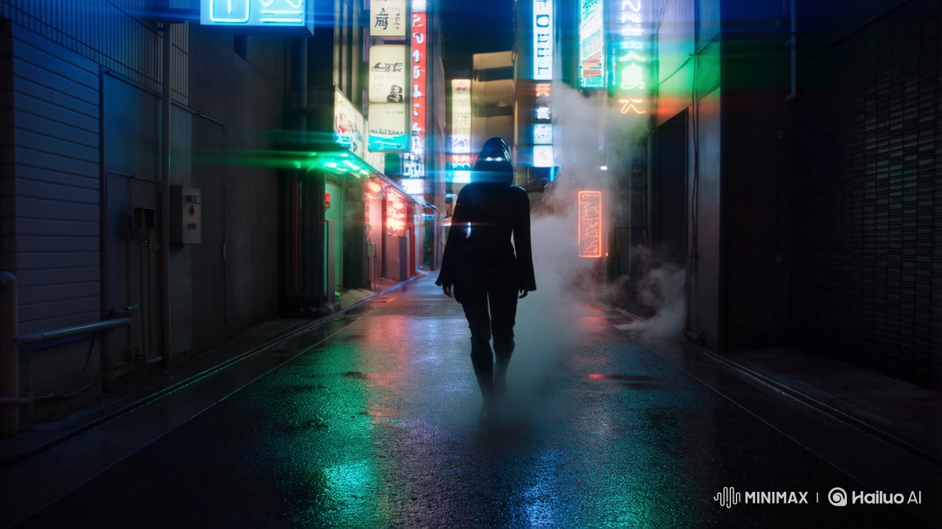 Cyberpunk Woman with Glowing Eyes in Neon Tokyo Alley