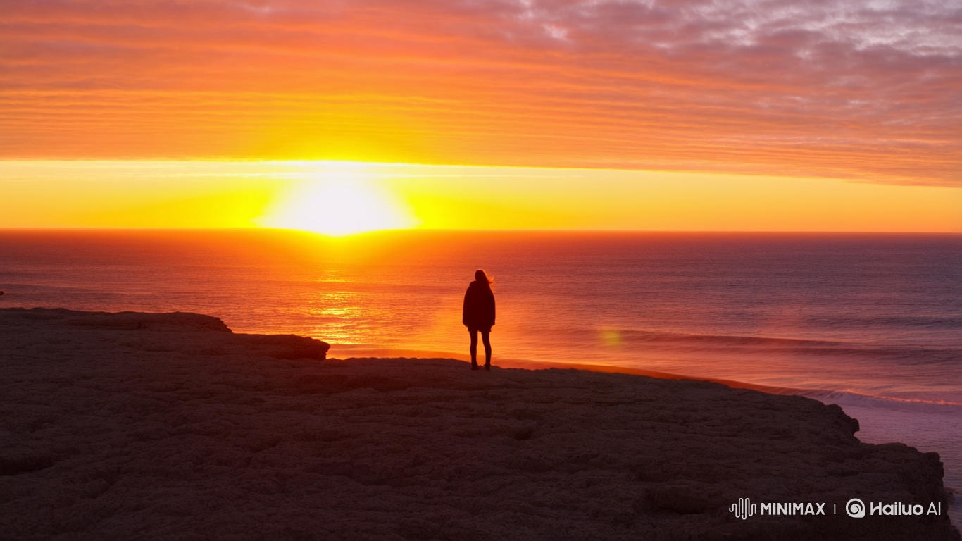 Silhouette on Cliff Watching Golden Sunset Over Ocean