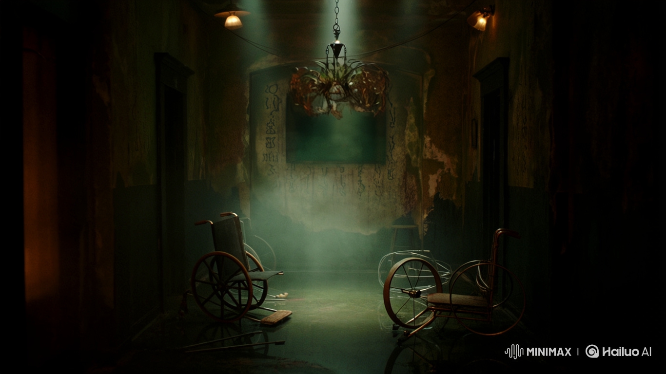 Victorian Asylum Horror Scene: Creepy Nurse, Distorted Hallway, Flames