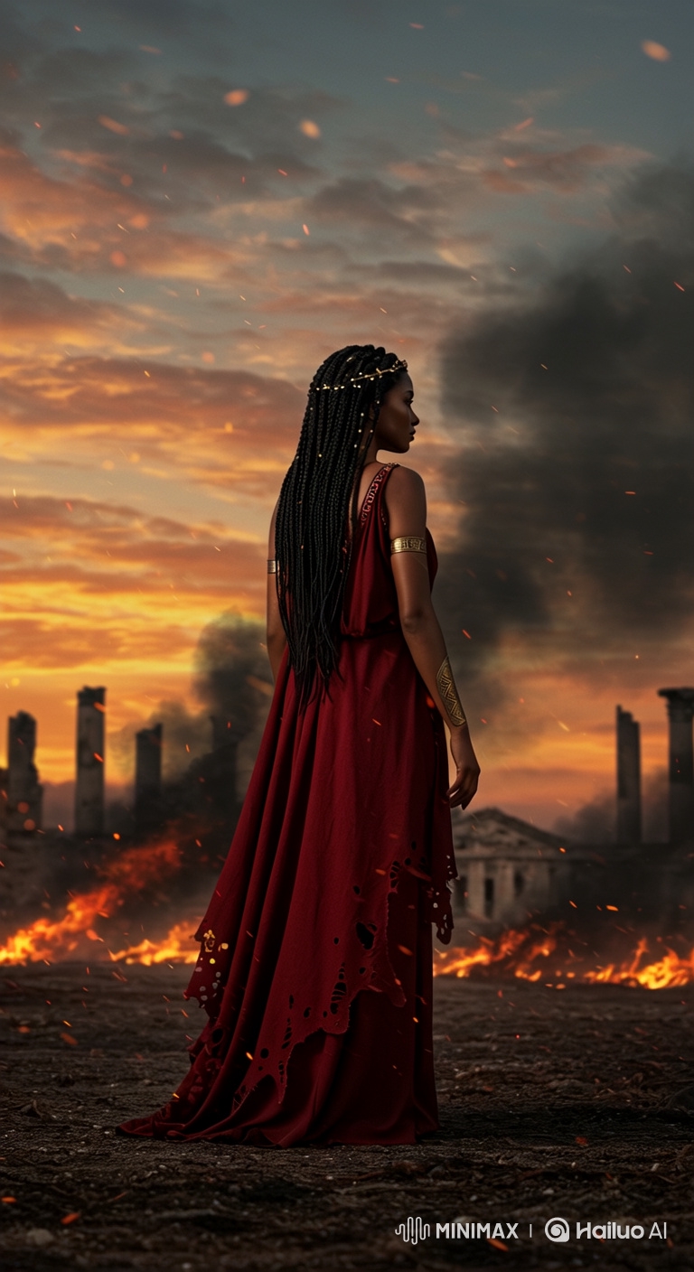 Woman in Red Dress Amidst Ruins, Watching Fires Rage