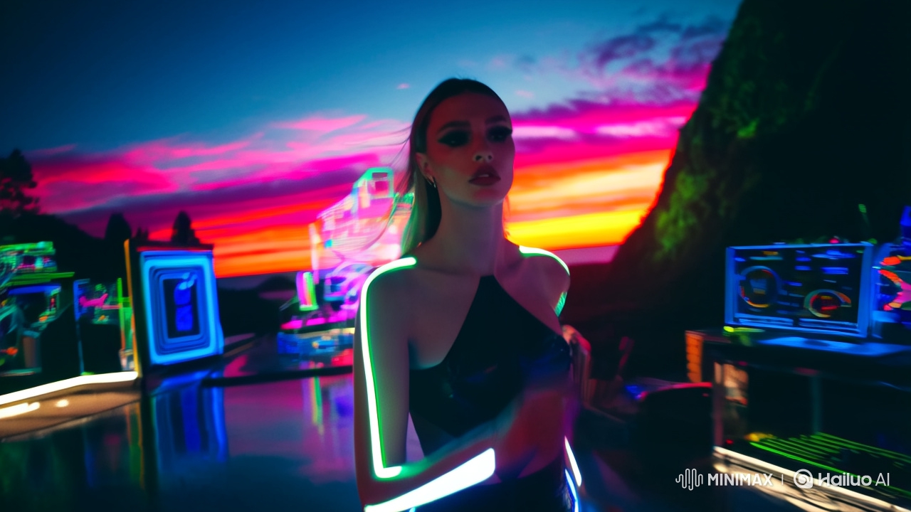 Retro-Futuristic Rock Video: Female Sprinter in Synthwave Aesthetic
