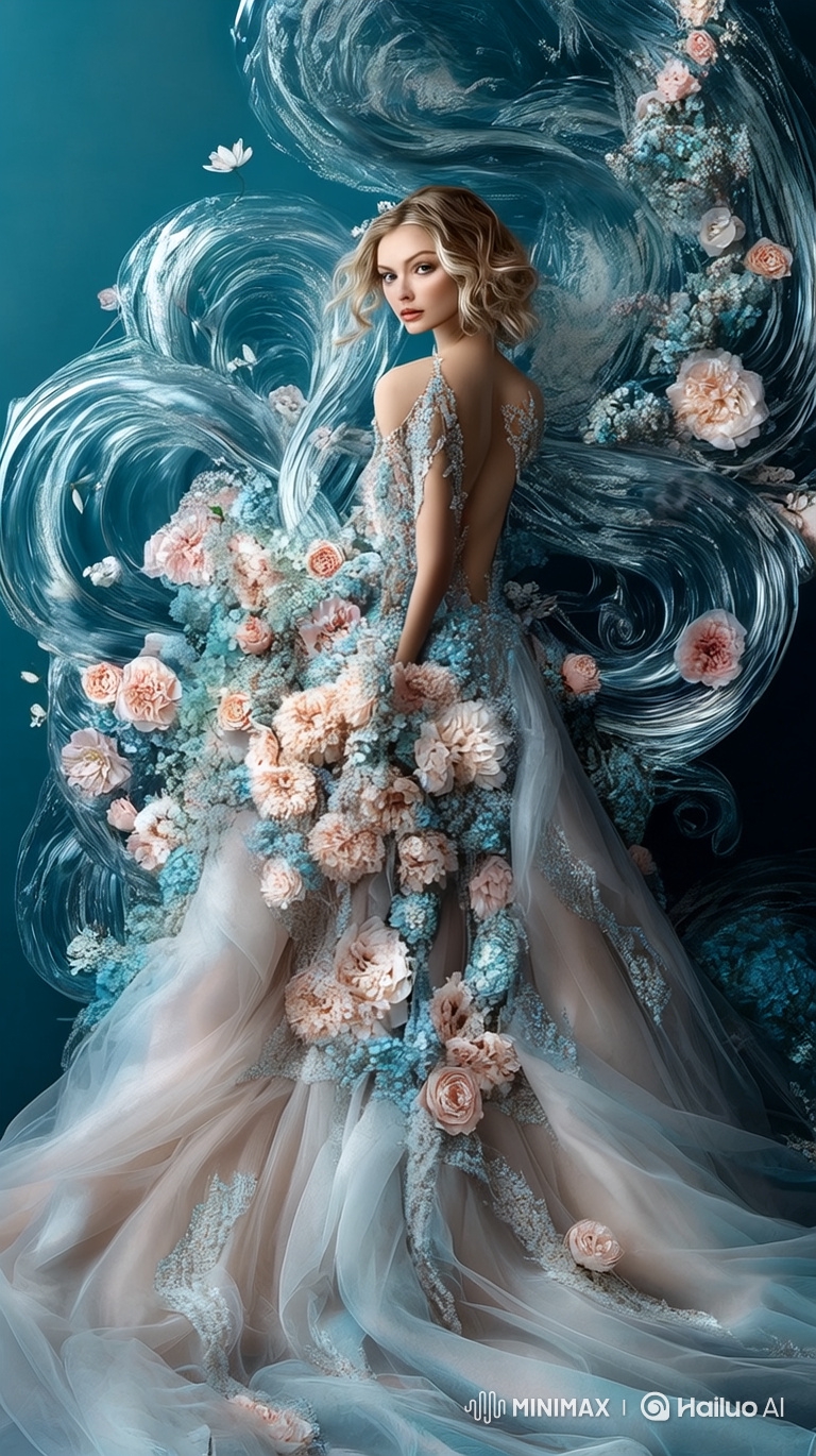 High-Fashion Model Strides with Determination in Ethereal Gown
