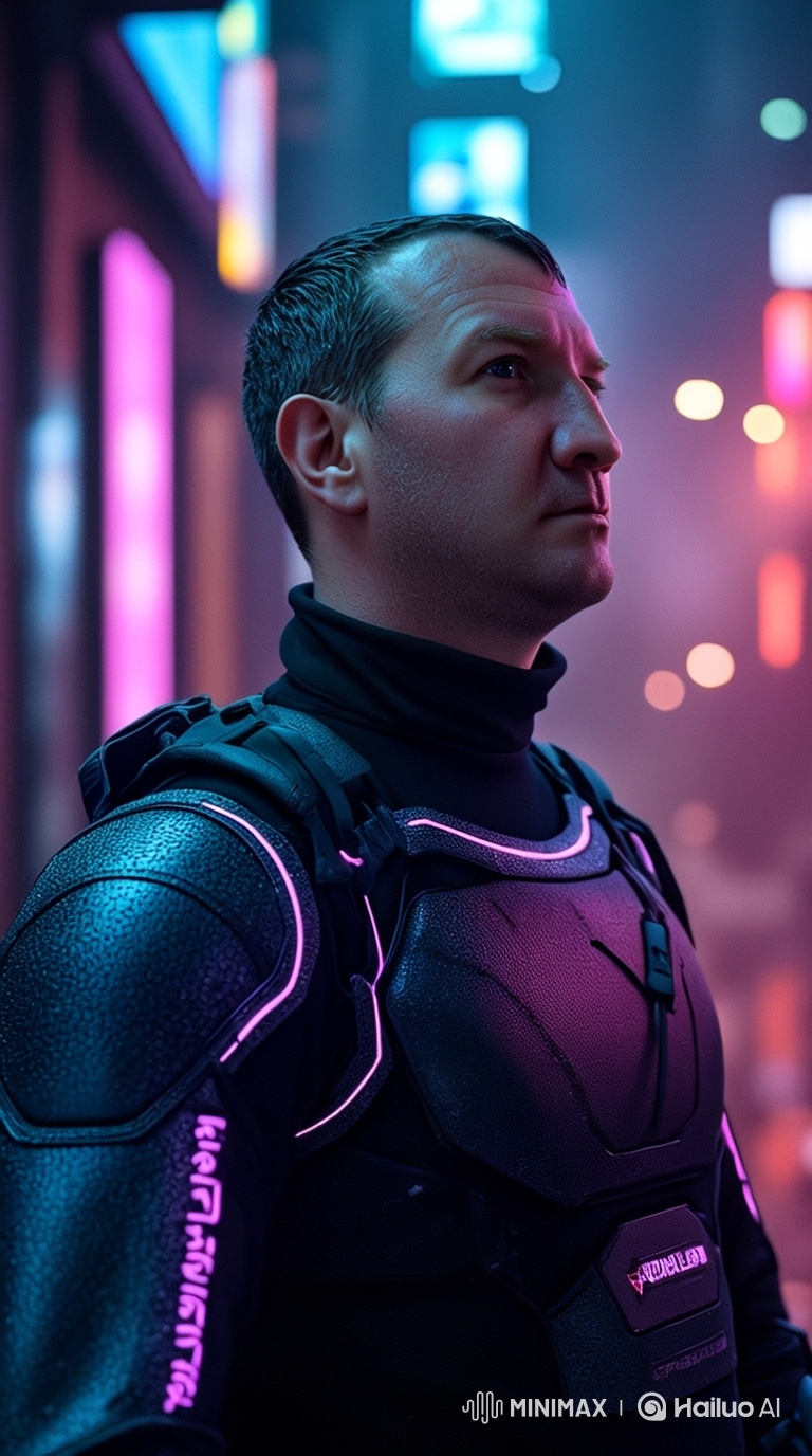 Cyberpunk Hero in Neon Alley: Exo-Suit and Vigilant Stance