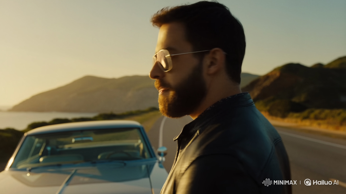 Stylish Man Drives Away in Retro Car on Coastal Highway