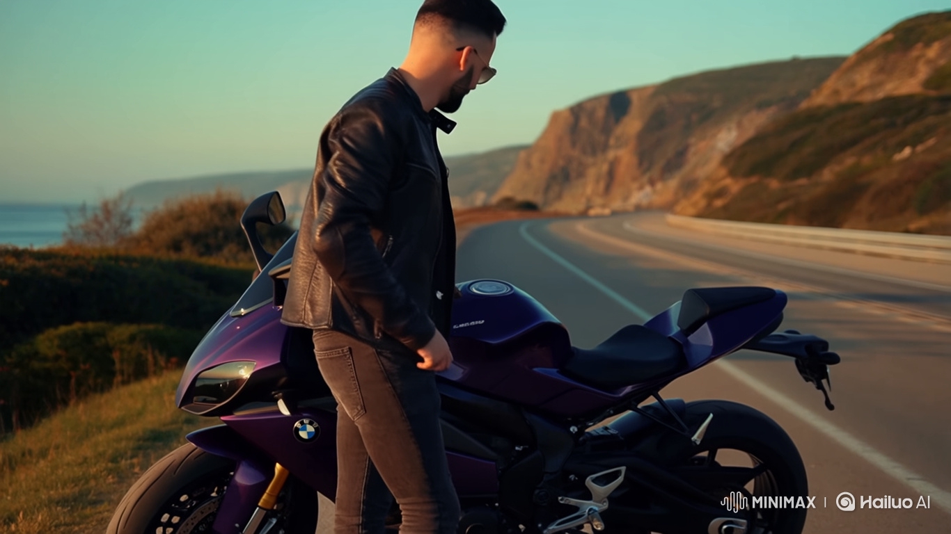 Stylish Man Rides Purple Motorcycle on Coastal Highway