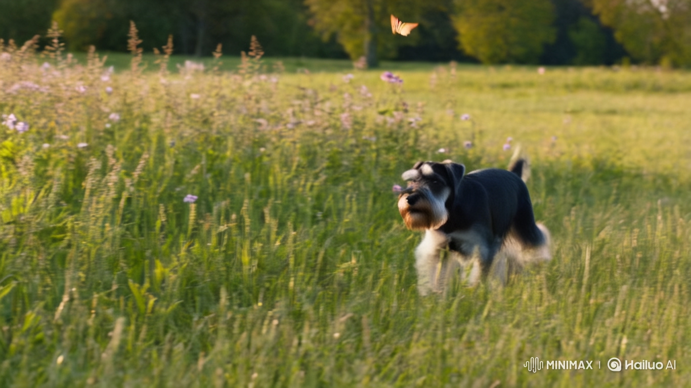 Miniature Schnauzer Enjoys Summer Meadow - Photorealistic Video