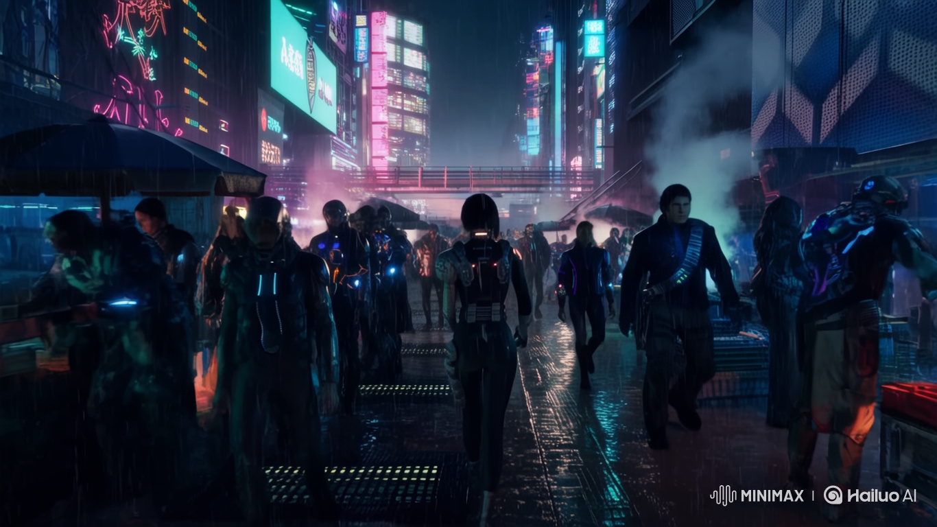 Futuristic Night Market: Hyper-Realistic Crowd Tracking Shot