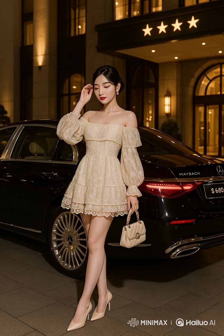 Stylish Woman Struts in Ruffled Dress, Holds Poised Pose