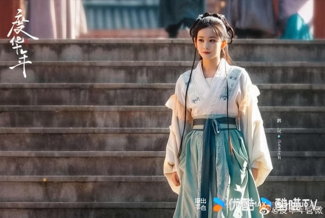 Graceful Young Girl in Traditional Dress Walking Down Steps