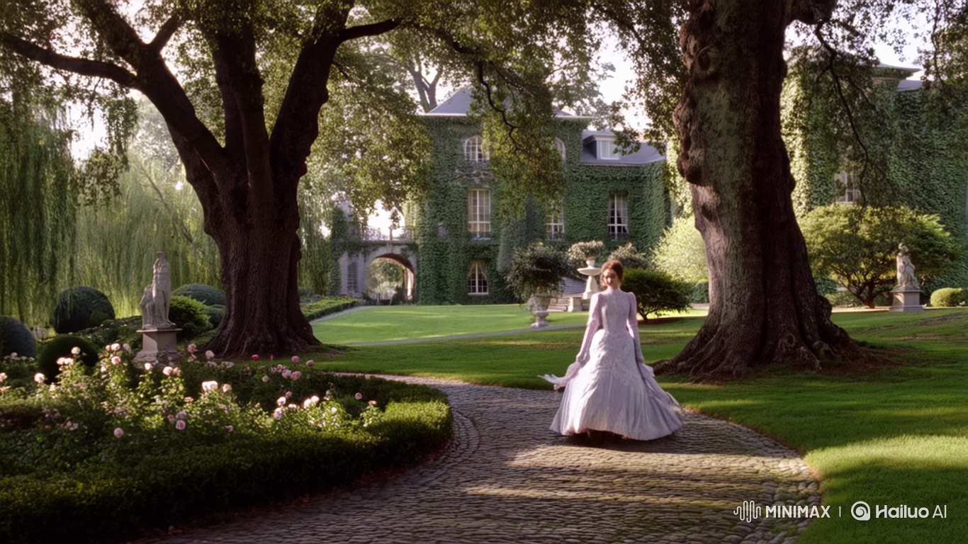 Victorian Lady in Pastel Gown Strolls Through Park