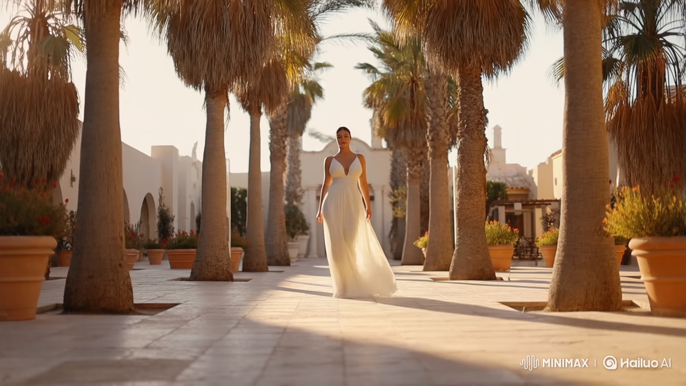 Graceful Woman in Ivory Dress Walks Through Mediterranean Courtyard