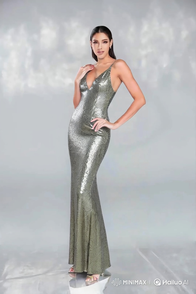 Elegant Woman in Shimmering Gown Stands Still