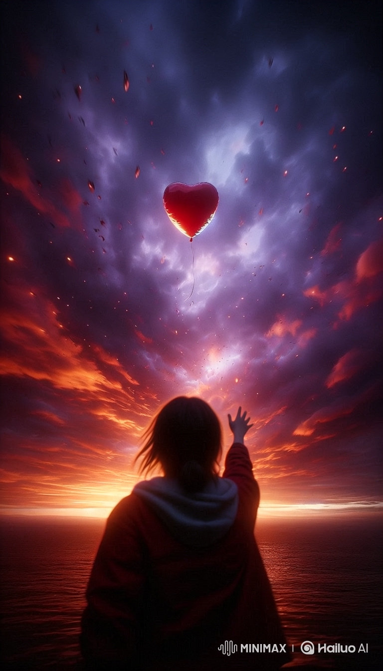 Red Heart Balloon Ascends in Twilight Sky Cinematic Scene