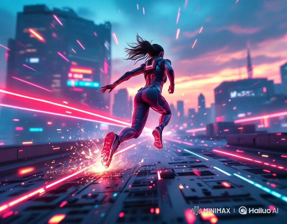 Futuristic Cyber-Runner Sprinting Through Neon Cityscape
