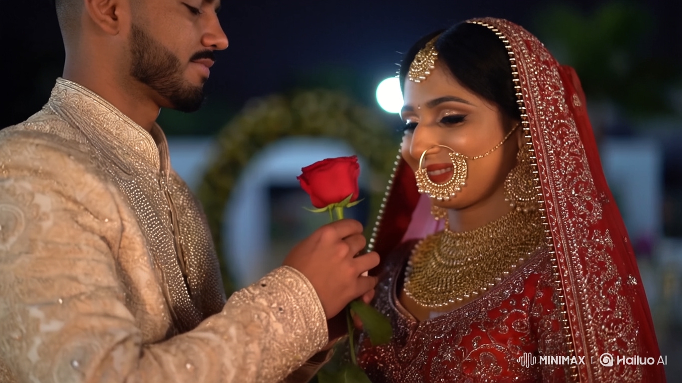 Groom Gives Rose to Bride at Indian Wedding, Fireworks Light Up the Sky