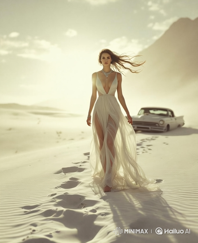 Ethereal Desert Walk: Woman in White Gown