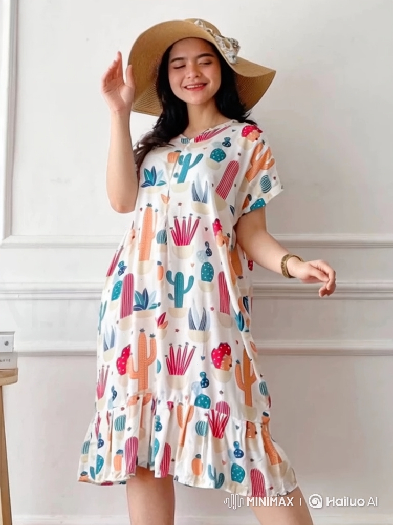 Young Woman in Sun Hat with Playful Cactus Dress