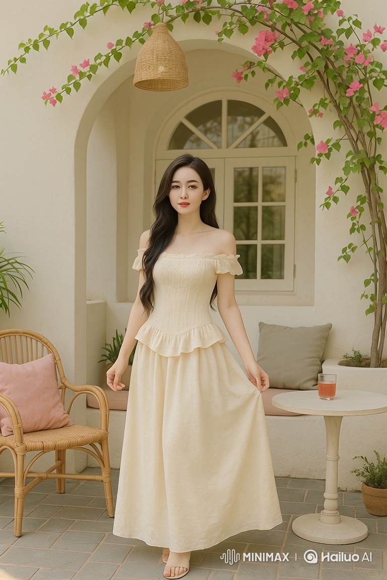 Young Woman in Cream Dress Walks Gracefully on Patio
