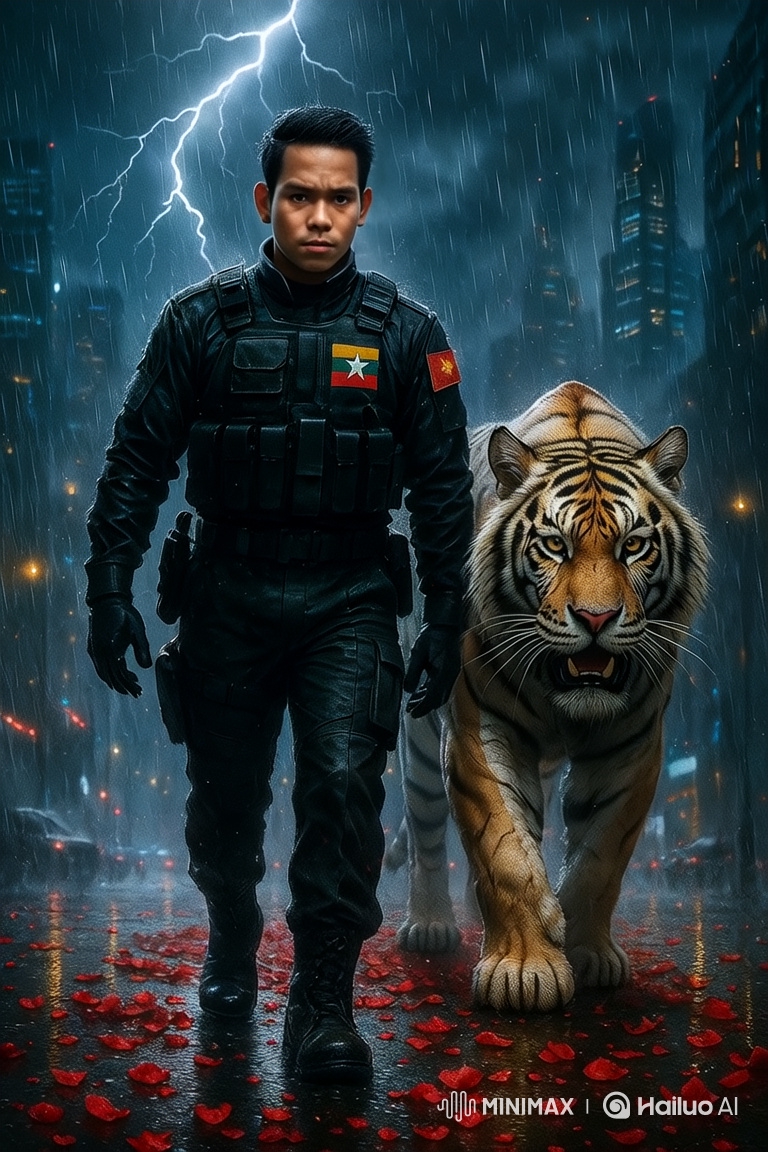 Myanmar Officer and Tiger Advance Through Stormy Cityscape