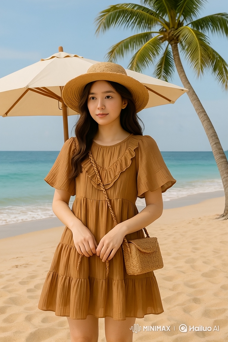 Young Woman in Summer Dress Walking on the Beach