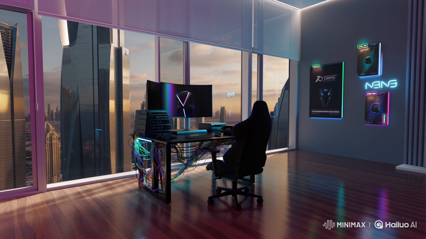 Modern Gaming Room Showcases Dubai Cityscape Panorama