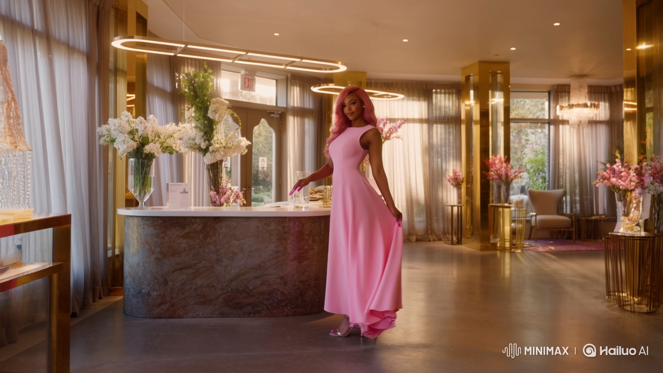 Luxury Boutique Presentation: Elegant Lady Showcases Trendy Pink Gown