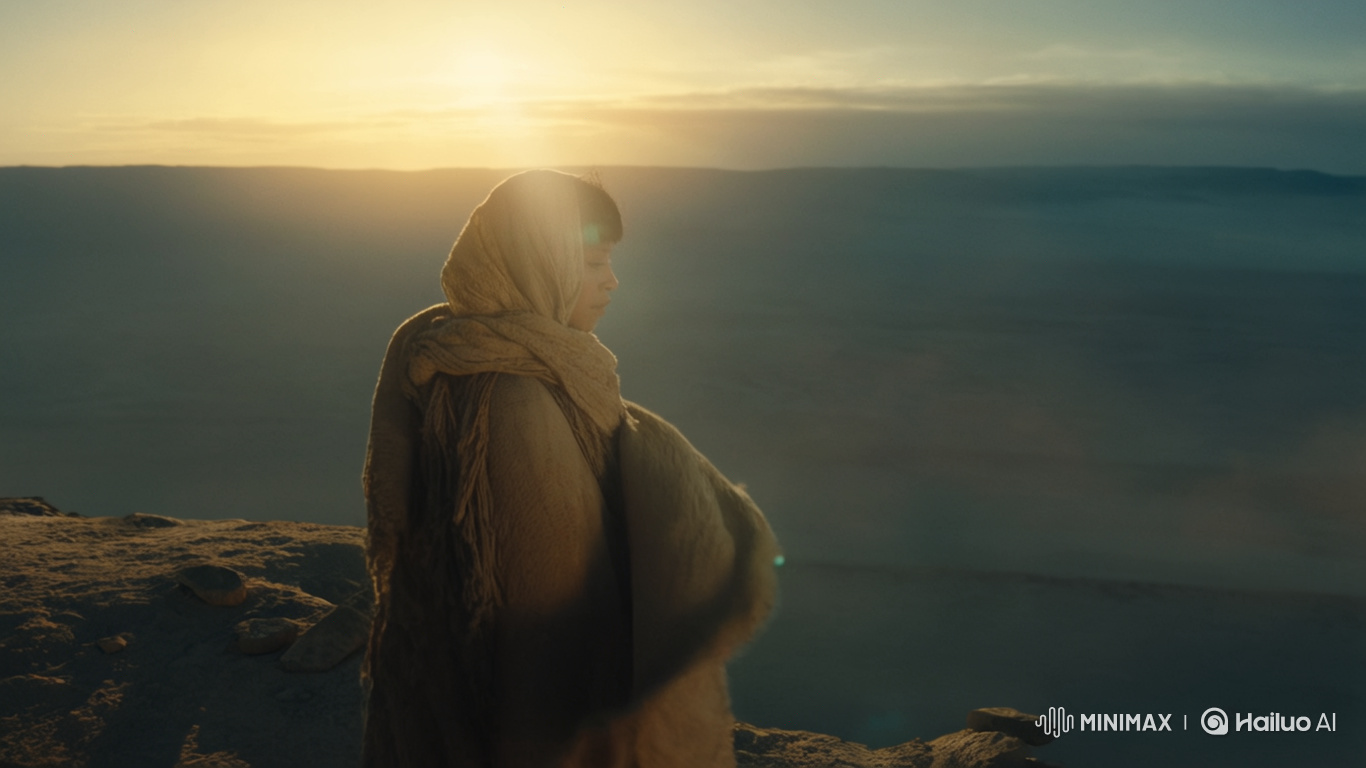 Lone Figure Faces Camera on Desert Cliff at Golden Hour