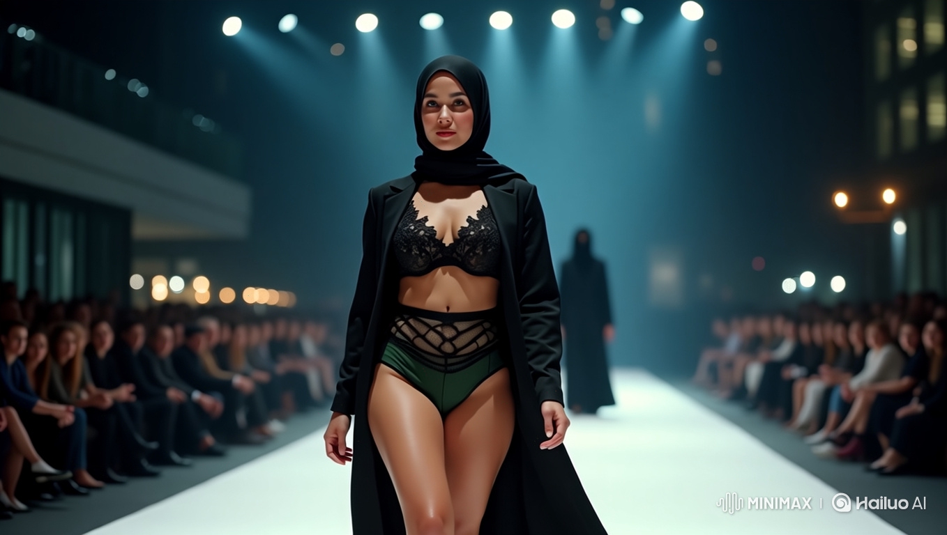 Fashion Show: Model's Striking Walk in Urban Night Setting