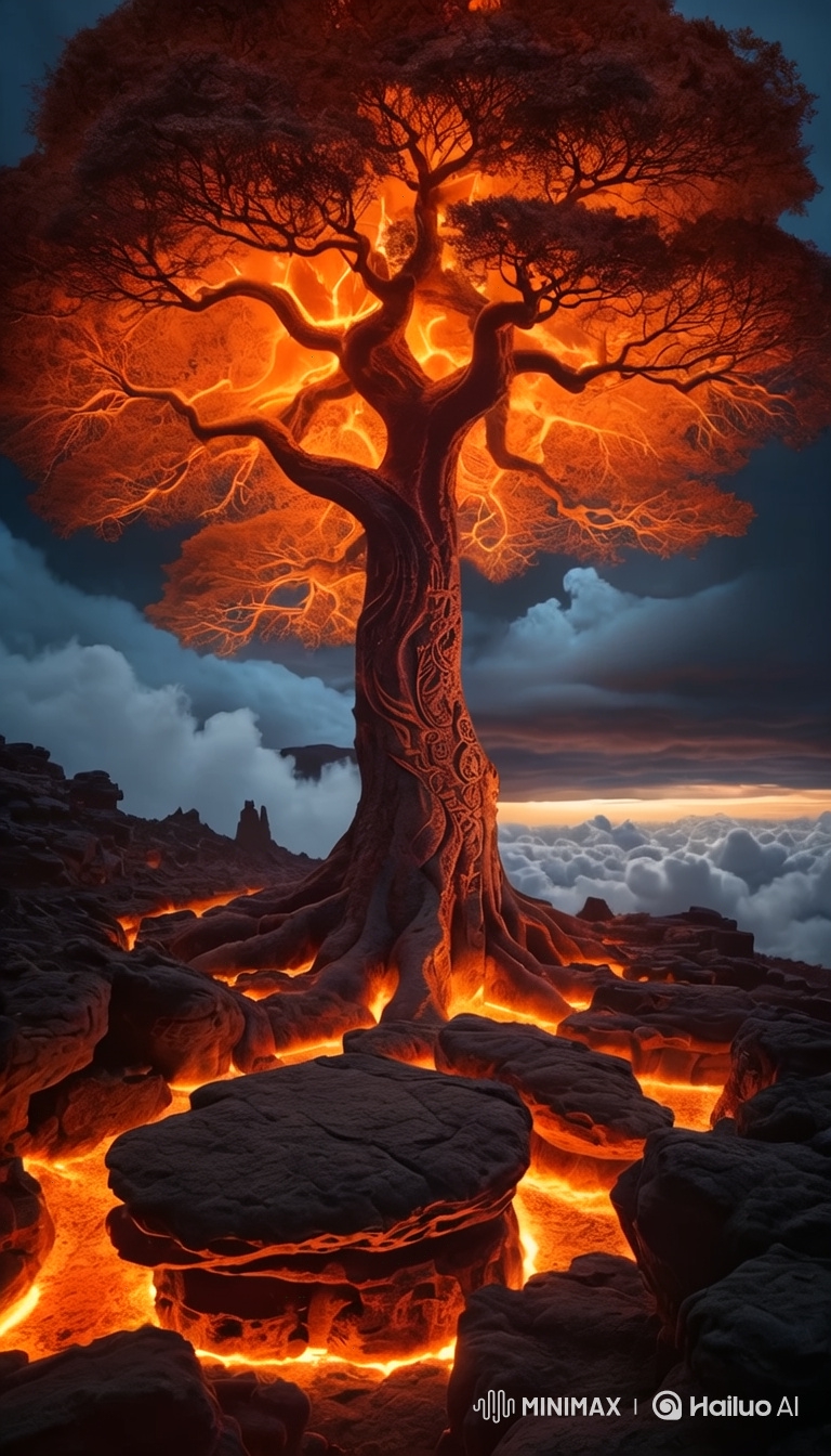 Ancient Tree on Volcanic Plateau Amidst Fiery Storm