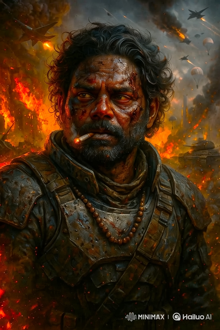War-Torn Soldier Amidst Apocalyptic Battle Scene