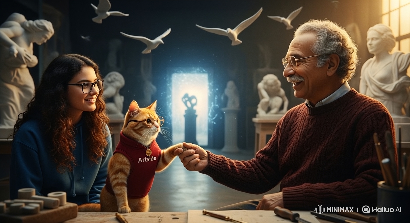 Magical Encounter in Sculptor's Gallery with Cat and Sculptor