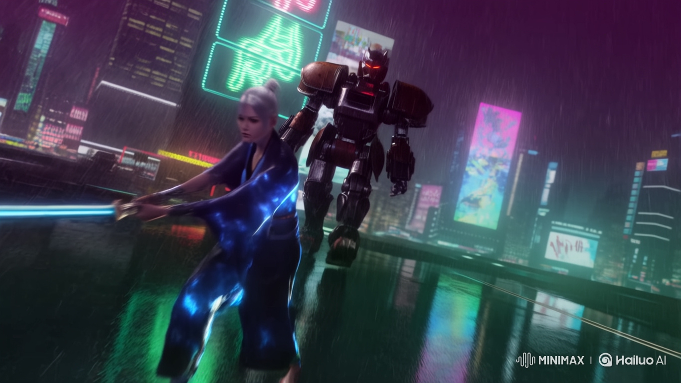 Female Samurai Fights Mecha-Sentinel in Cyberpunk Tokyo