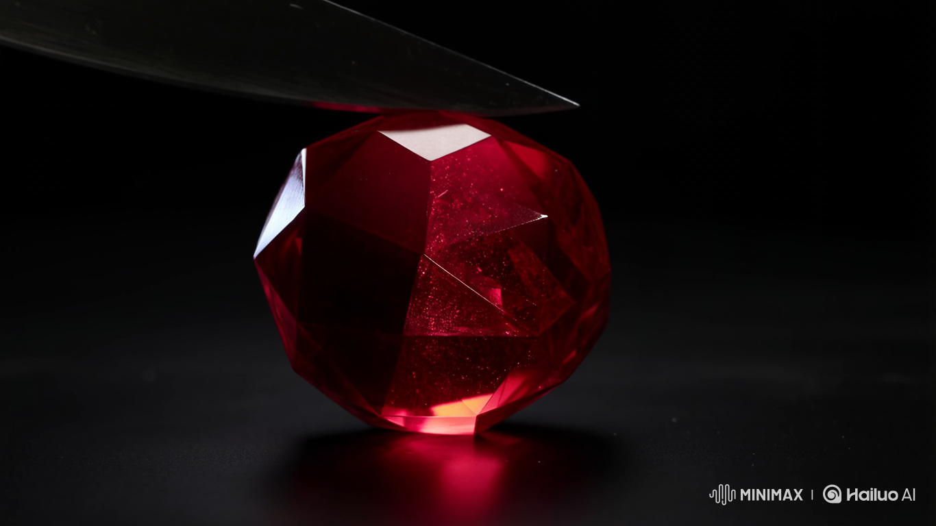 Hyperrealistic Glass Garnet Shattered by Chef's Knife