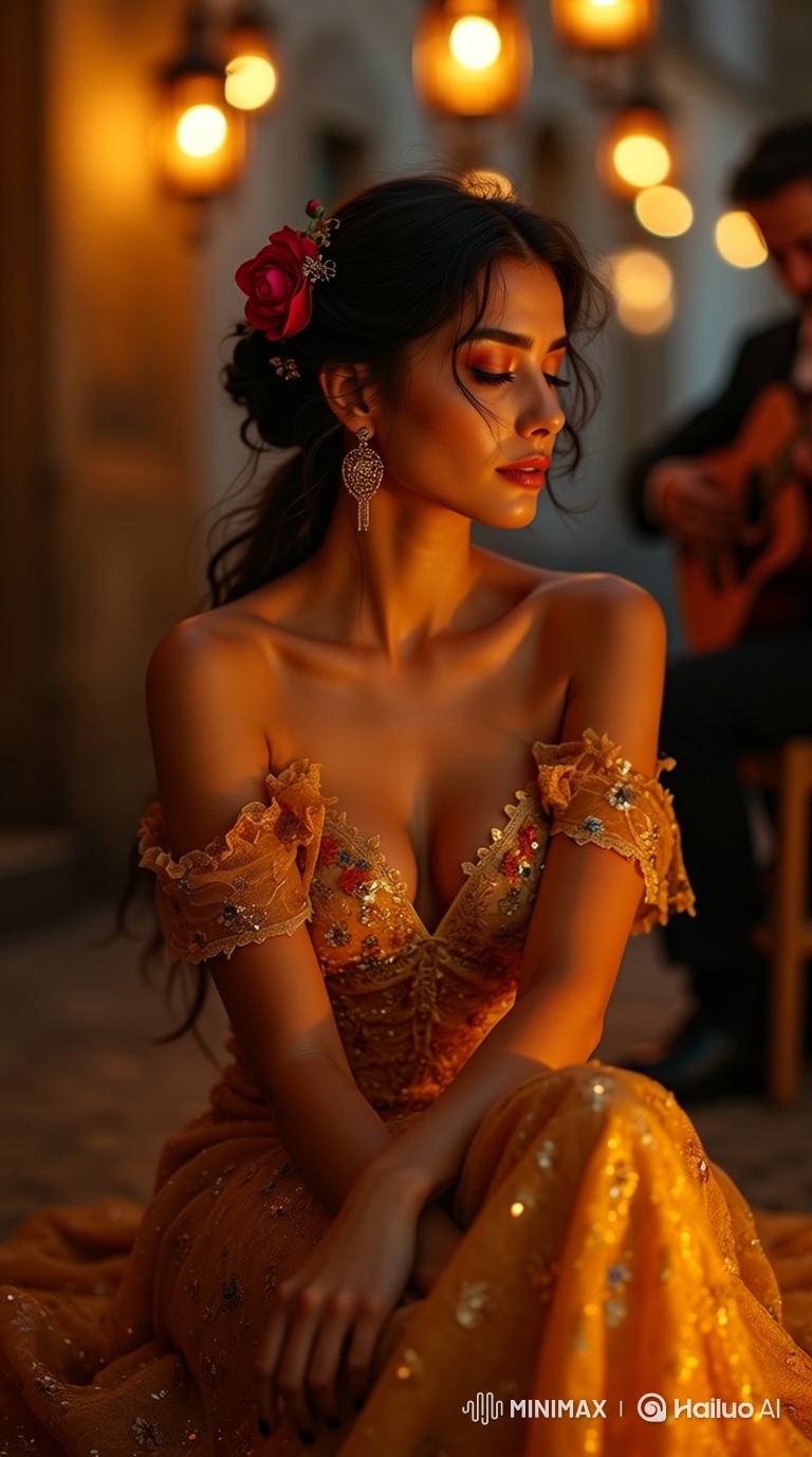 Romantic Twilight Scene: Woman in Golden Dress Contemplates Music