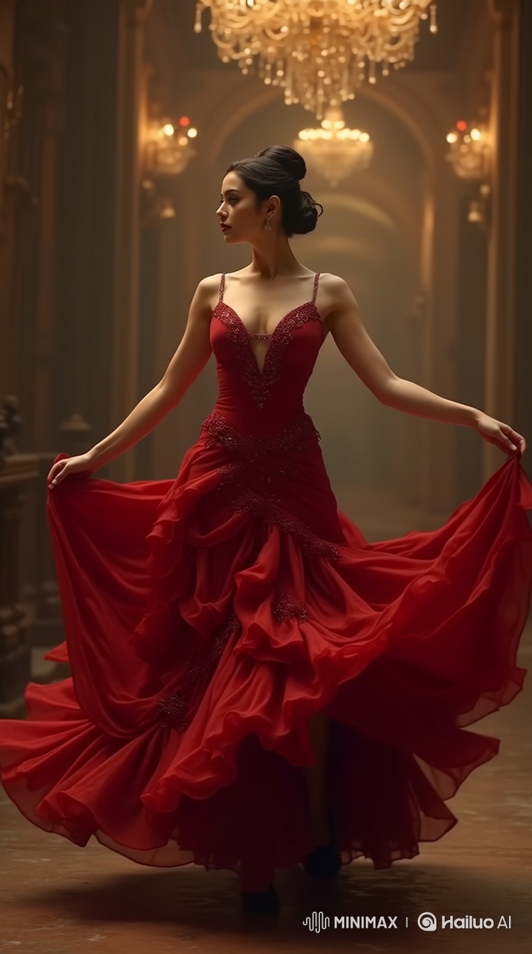 Hispanic Woman in Red Gown Dances Gracefully in Ballroom