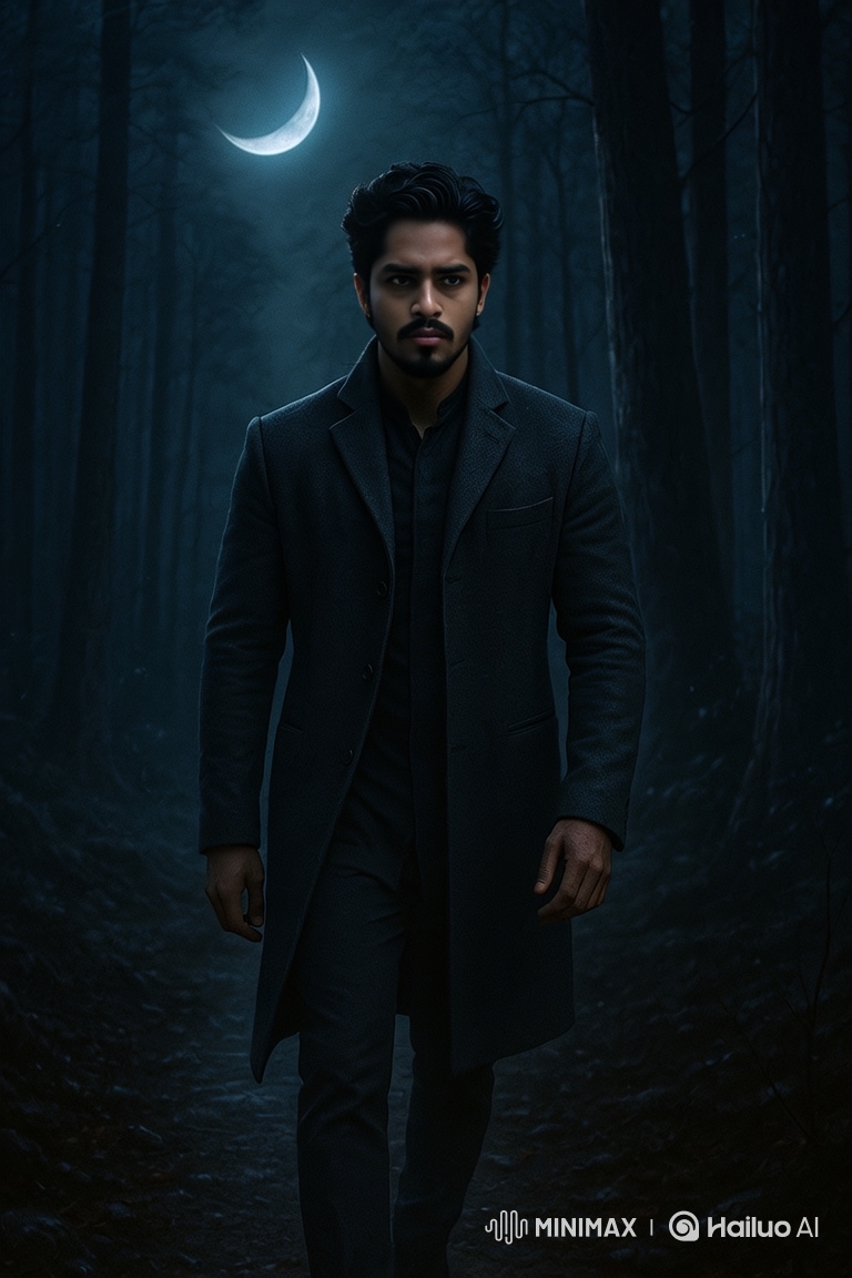 Mysterious Man Walks Confidently in Moonlit Forest