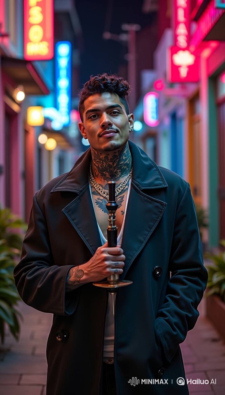 Stylish Model Showcases Fashion and Hookah in Neon-Lit Alley