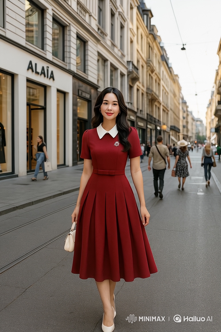 East Asian Woman in Burgundy Dress Walks Gracefully in European City