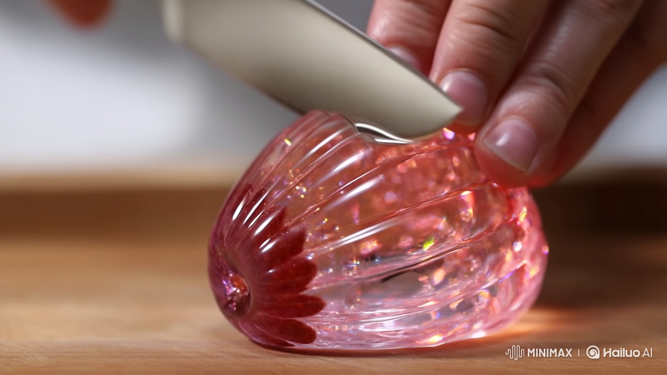 Ultra Slow-Motion Slicing of Glass Strawberry Sculpture