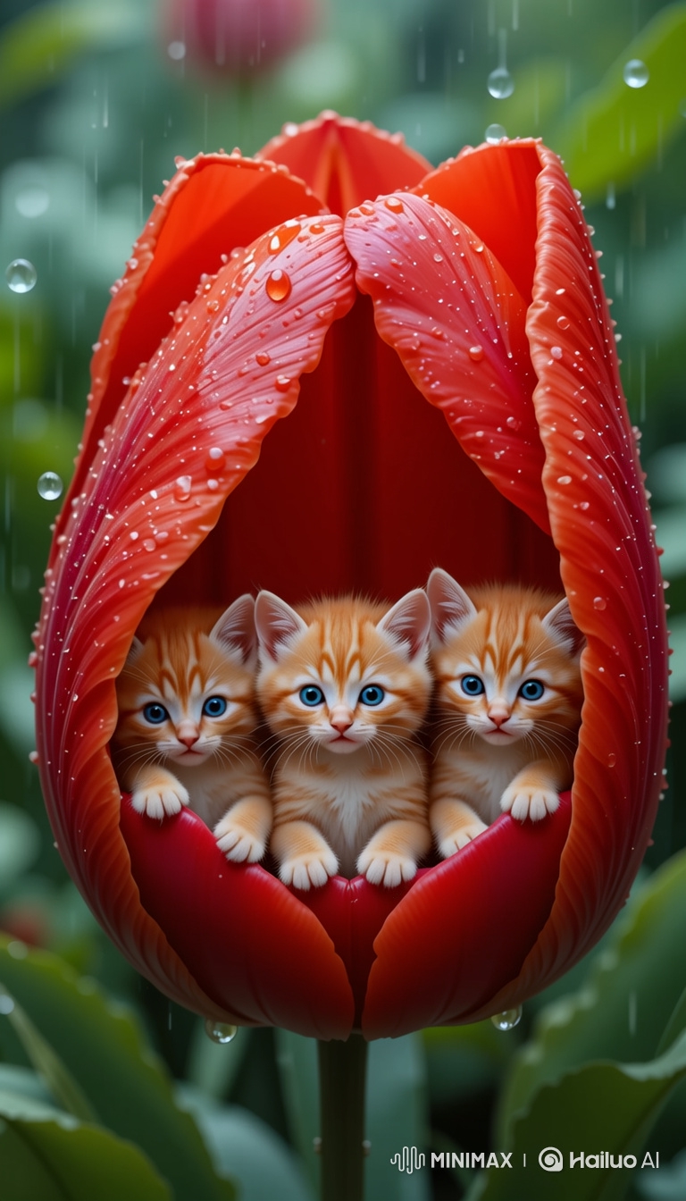 Adorable Kittens in a Rainy Red Tulip Macro Scene