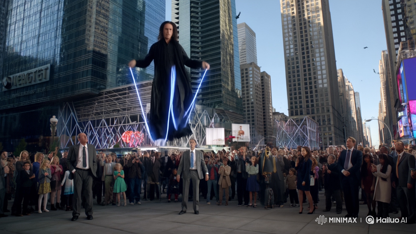 Magician Levitates, Performs Energy Rope Jumping in Bustling Plaza