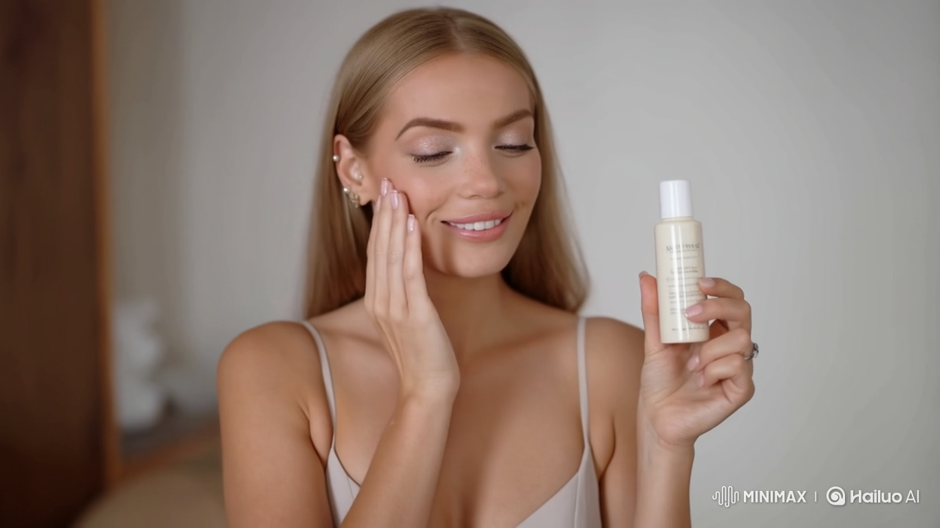 Woman in Light Dress Affectionately Interacts with Face Cream